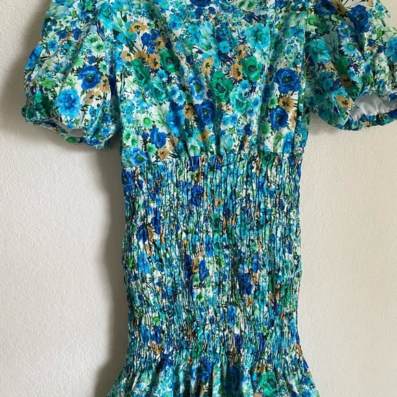 Zara Floral Print Smocked Bodice Ruffle Hem Square Neck Puff Sleeve Mini Dress S - Picture 9 of 14